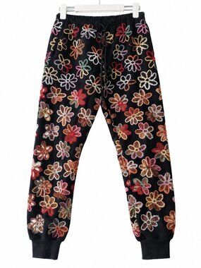 ASHISH Black Multicolor Floral Embroidered Jogger Pants Streetwear XS